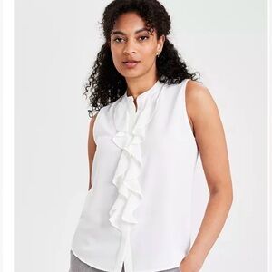 Donna Karan White Ruffle Front Blouse